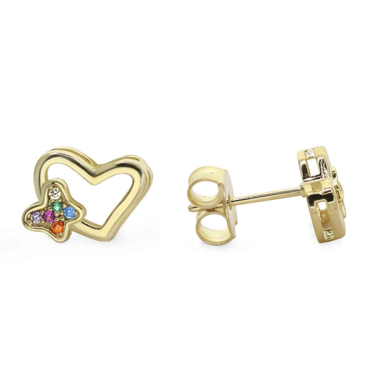 Aros Enchapados en Oro Corazón con Pequeña Mariposa con Circones de Colores