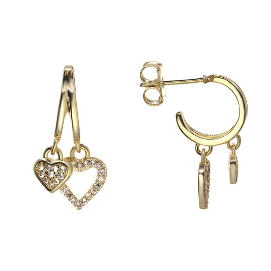 Aros Enchapados en Oro Diseño Argolla Doble Banda con Colgantes de Corazón