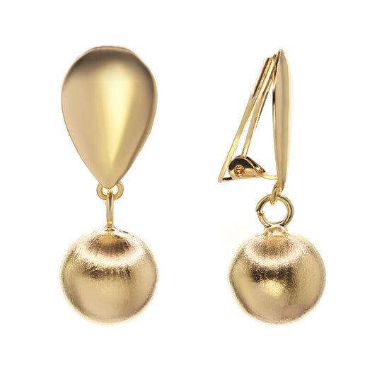 Aros Enchapados en Oro Diseño Broche Clip Gota Lisa con Esfera Colgante Satinada