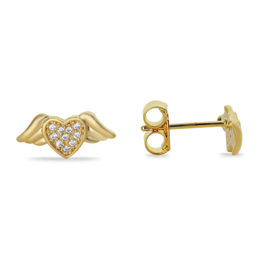 Aros Enchapados en Oro Diseño Corazón Alado con Circones