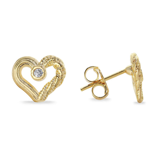 Aros Enchapados en Oro Diseño Corazón con Relieves y Pequeño Circón