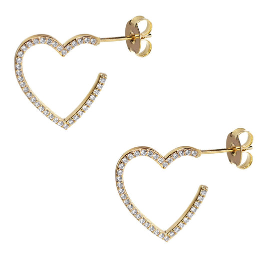Aros Enchapados en Oro Diseño Corazón Semi Abierto con Serie de Circones