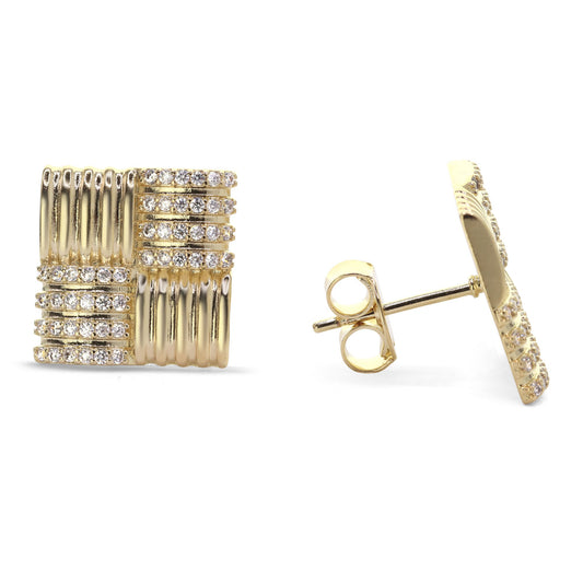 Aros Enchapados en Oro Diseño Cuadrado con Franjas y Circones