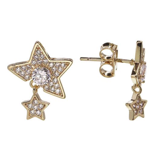 Aros Enchapados en Oro Diseño Doble Estrella con Circones