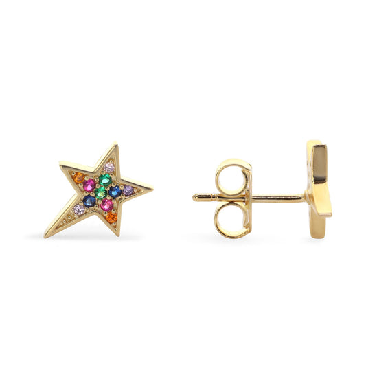 Aros Enchapados en Oro Diseño Estrellas con Circones de Colores