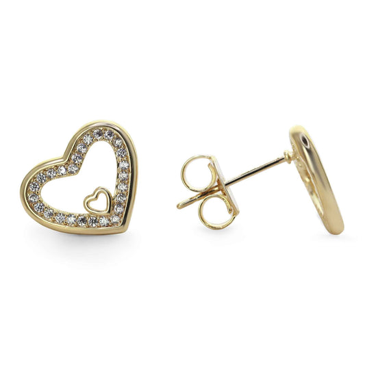 Aros Enchapados en Oro Diseño Figuras Corazón con Serie de Circones