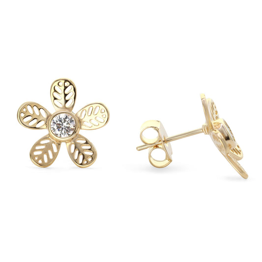 Aros Enchapados en Oro Diseño Flor Calada con Gran Circón
