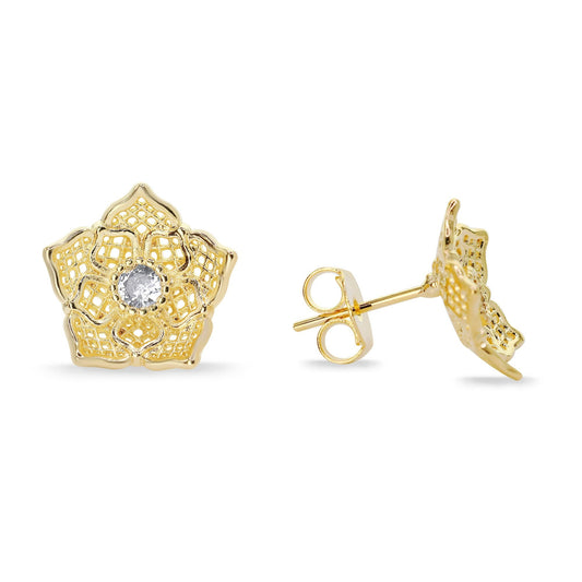 Aros Enchapados en Oro Diseño Flor con Circón