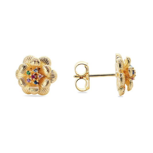 Aros Enchapados en Oro Diseño Flor con Circones de Colores