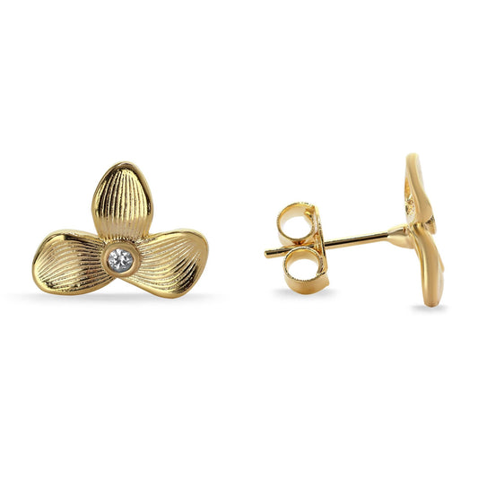 Aros Enchapados en Oro Diseño Flor Tres Petalos Texturados con Circón