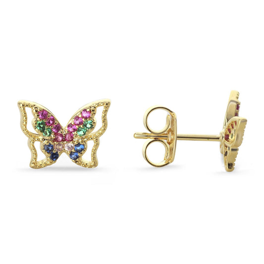 Aros Enchapados en Oro Diseño Mariposa Calada de Pequeños Circones de Colores