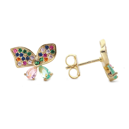 Aros Enchapados en Oro Diseño Mariposa con Circones de Colores