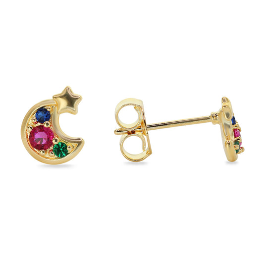 Aros Enchapados en Oro Diseño Media Luna con Estrella y Circones de Colores