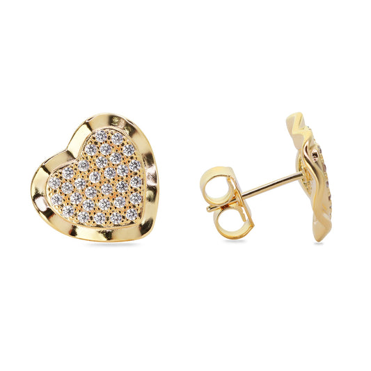 Aros Enchapados en Oro Diseño Placas Corazón Mediano con Circones