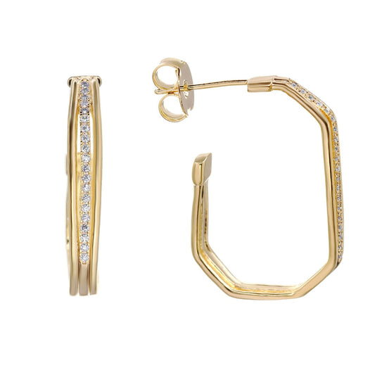 Aros Enchapados en Oro Diseño Rectangular Triple Banda con Serie de Circones