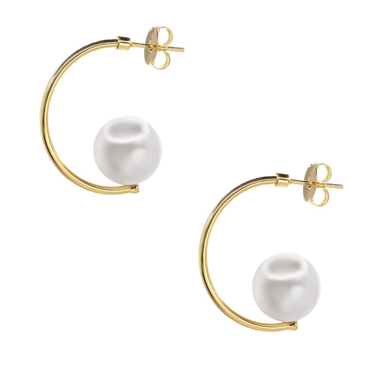 Aros Enchapados en Oro Diseño Semi Argolla Lisa con Perla Imitación