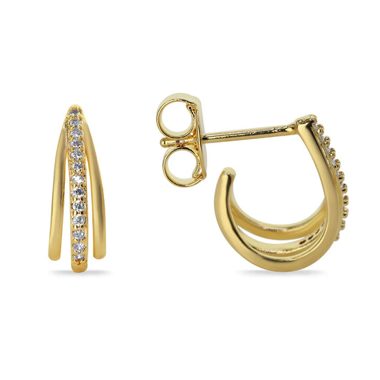 Aros Enchapados en Oro Diseño Semi Argollas Triple Banda con Serie de Circones