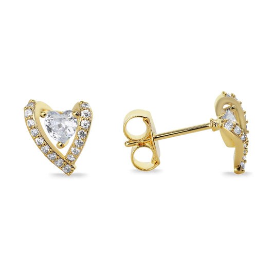 Aros Enchapados en Oro Diseño Silueta Corazón Irregular con Serie de Circones y Circón Corazón