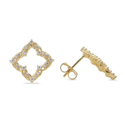 Aros Enchapados en Oro Diseño Trébol en Marco con Circones