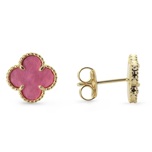 Aros Enchapados en Oro Diseño Trébol Esmaltado Rosado