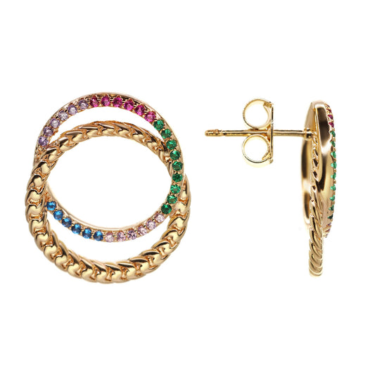 Aros Enchapados en Oro Diseño Unión de Argollas con Circones de Colores