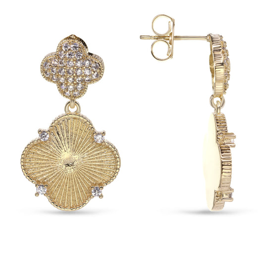 Aros Enchapados en Oro Doble Placas Diseño Flor con Circones