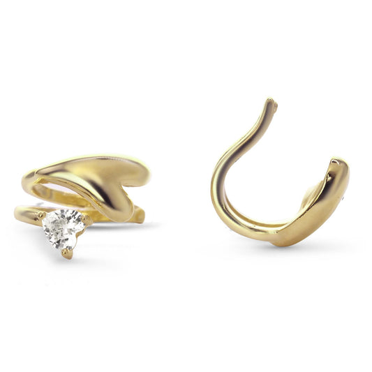 Aros Enchapados en Oro Estilo Cuff Diseño Abierto Doble Banda Corazón Irregular y Punta de Circón Corazón