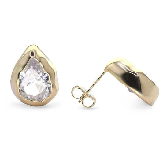 Aros Enchapados en Oro Estilo Martillado Lagrima con Gran Circón