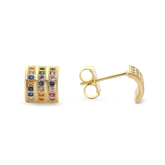 Aros Enchapados en Oro Estilo Placa con Circones de Colores