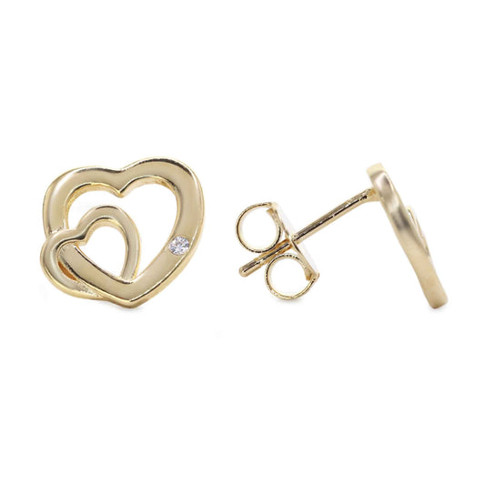 Aros Enchapados en Oro Figuras Doble Corazón Liso con Pequeño Circón