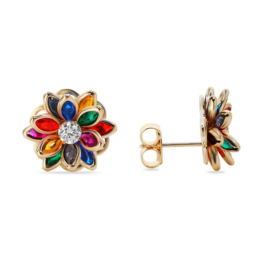 Aros Enchapados en Oro Flores Estilo loto con Circones de Colores