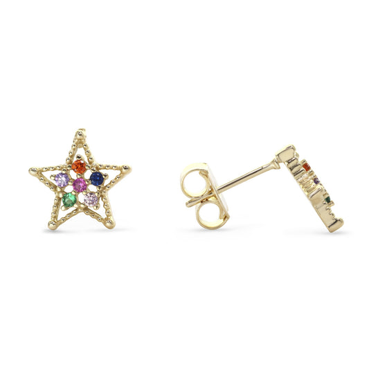 Aros Enchapados en Oro Modelo Estrellas con Circones de Colores