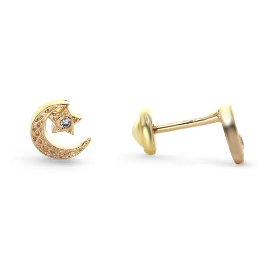 Aros Enchapados en Oro Modelo Luna con Estrella y Circón de Tope para Bebé