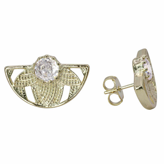 Aros Enchapados en Oro Semi Lunas de Loto con Circón