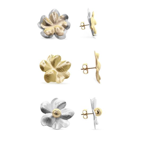 Aros Enchapados en Oro y Plata Modelo 3 Diseños Flor Satinada