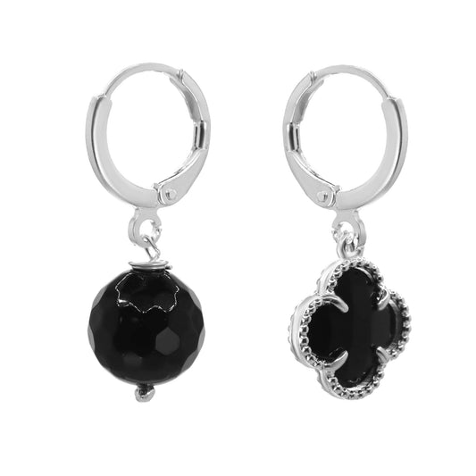 Aros Enchapados en Plata Argollas con Esfera y Flor de Piedra Ágata Negra