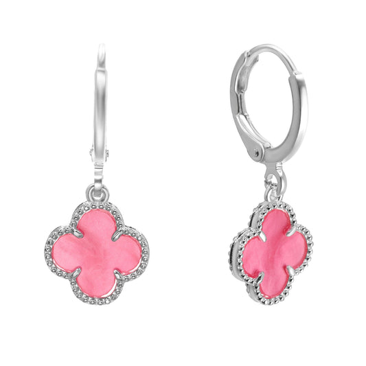 Aros Enchapados en Plata Argollas con Placa Flor Rosa
