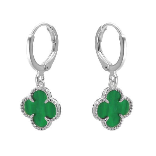 Aros Enchapados en Plata Argollas con Placa Flor Verde