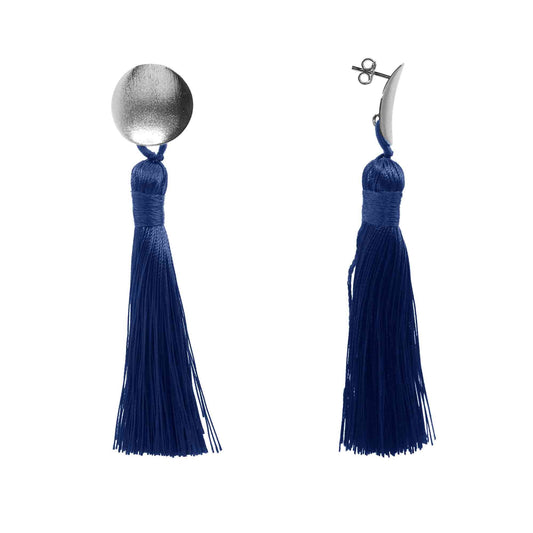 Aros Enchapados en Plata Base Redonda Satinada con Borlas Azules