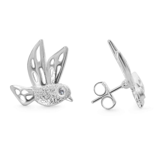 Aros Enchapados en Plata Diseño Colibrí Calado con Ojo de Circón