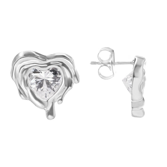 Aros Enchapados en Plata Diseño Corazón Derretido con Circón