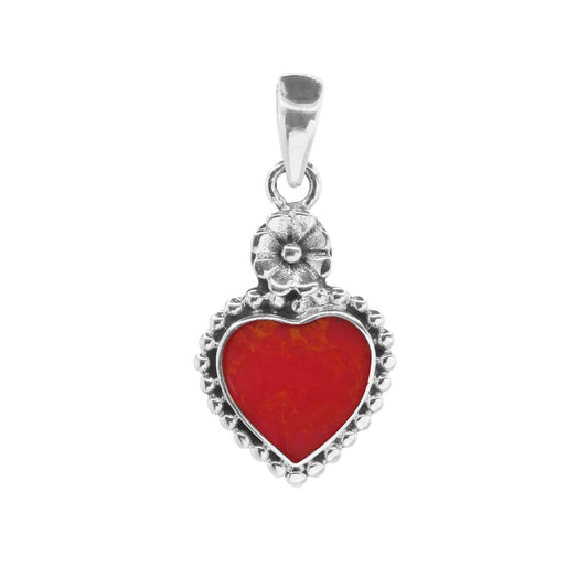 Colgante de Plata Corazón con Flor y Coral