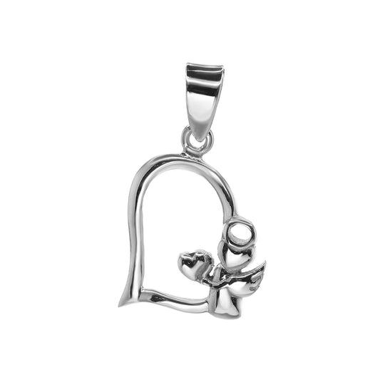 Colgante de Plata Corazón con Pequeño Ángel