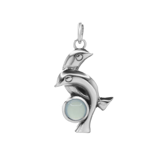 Colgante de Plata Delfines y Piedra Calcedonia