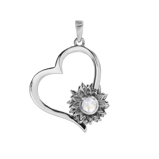 Colgante de Plata - Corazón con Flor de Girasol y Piedra Luna