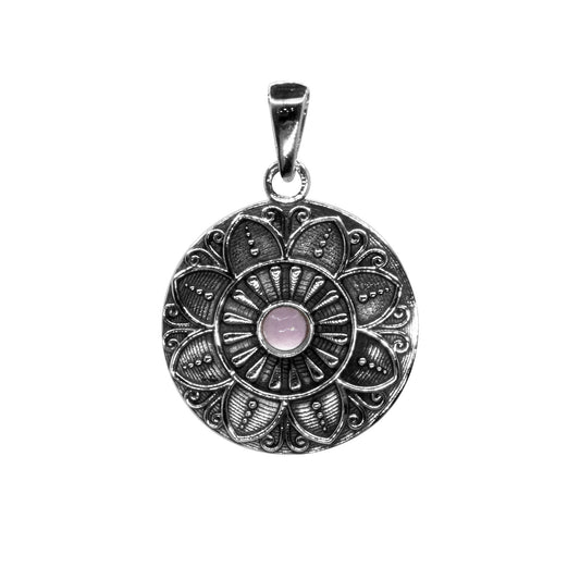 Colgante de Plata Flor de Loto Con Piedra de Cuarzo Rosa
