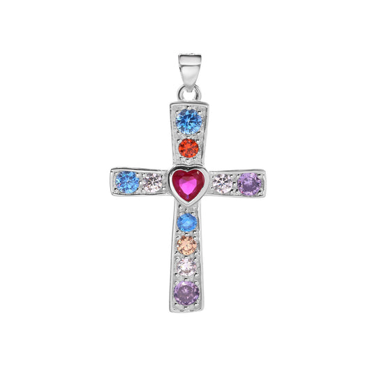 Colgante de Plata - Cruz con Circones de Colores y Corazón Magenta en el Centro