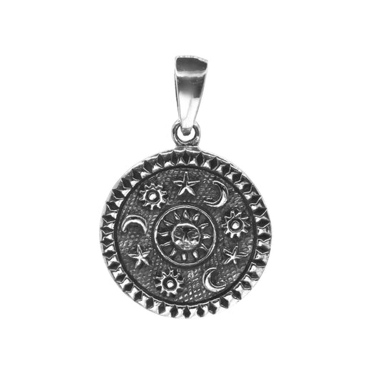 Colgante de Plata Placa Envejecida con - Lunas con Estrellas y Sol