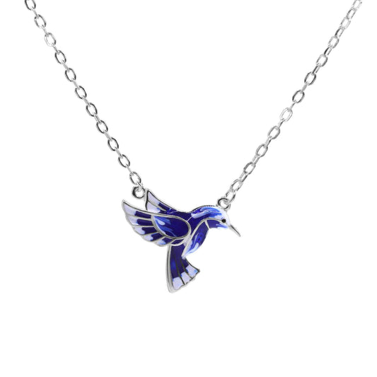 Collar de Plata Colibrí Esmaltado Azul Eléctrico