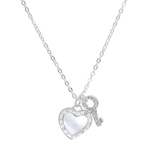 Collar de Plata Corazón con Placa de Nácar y Llave con Circones